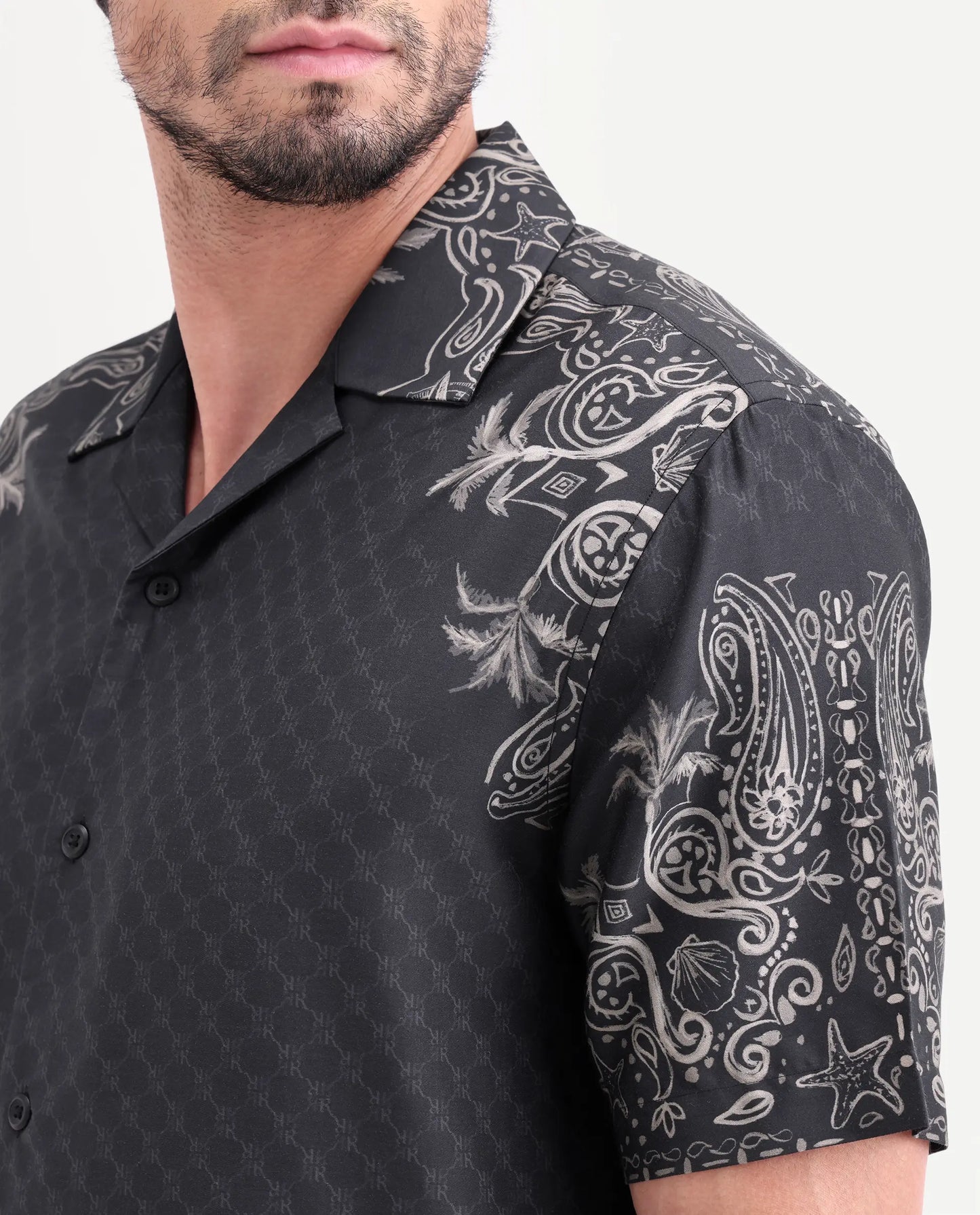 Rare Rabbit Men's Boso Black Cotton Blend Fabric Half Sleeve Cuban Collar Regular Fit Monogram Print Shirt | Rare Rabbit at Broadway