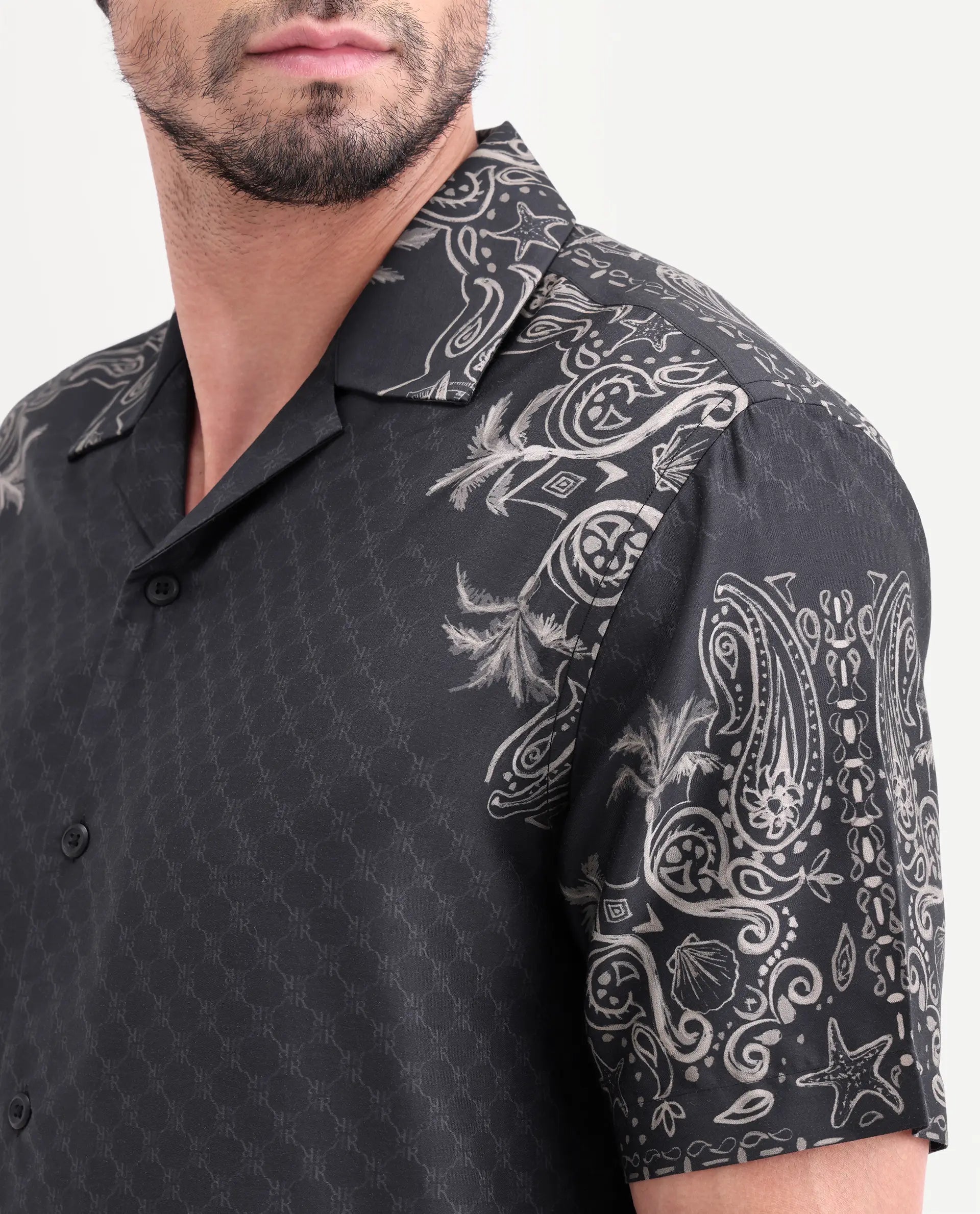 Rare Rabbit Men's Boso Black Cotton Blend Fabric Half Sleeve Cuban Collar Regular Fit Monogram Print Shirt | Rare Rabbit at Broadway
