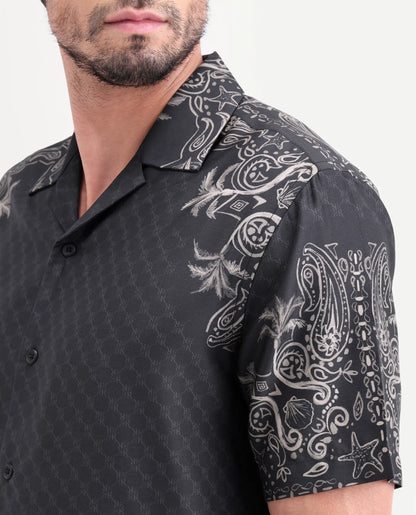 Rare Rabbit Men's Boso Black Cotton Blend Fabric Half Sleeve Cuban Collar Regular Fit Monogram Print Shirt | Rare Rabbit at Broadway