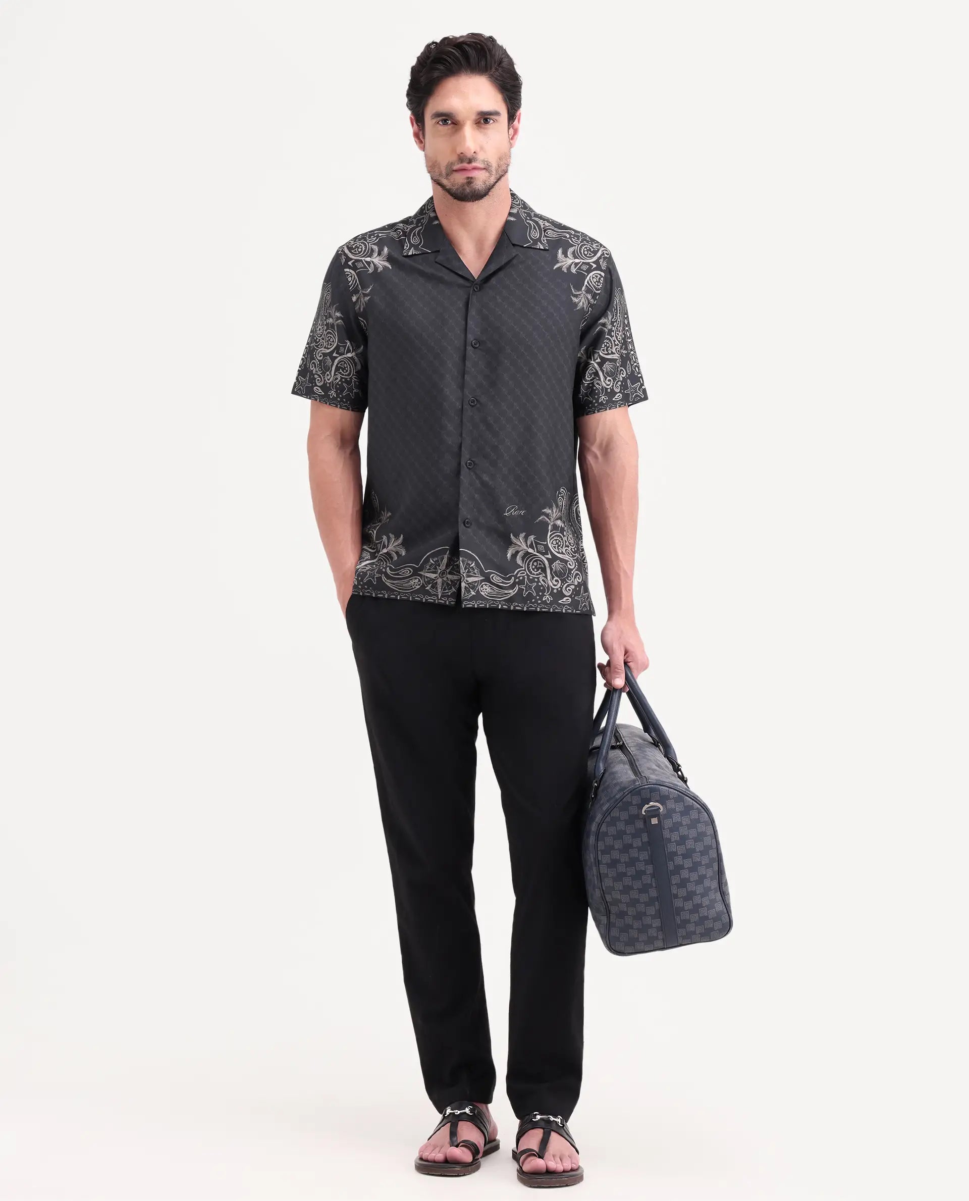 Rare Rabbit Men's Boso Black Cotton Blend Fabric Half Sleeve Cuban Collar Regular Fit Monogram Print Shirt | Rare Rabbit at Broadway
