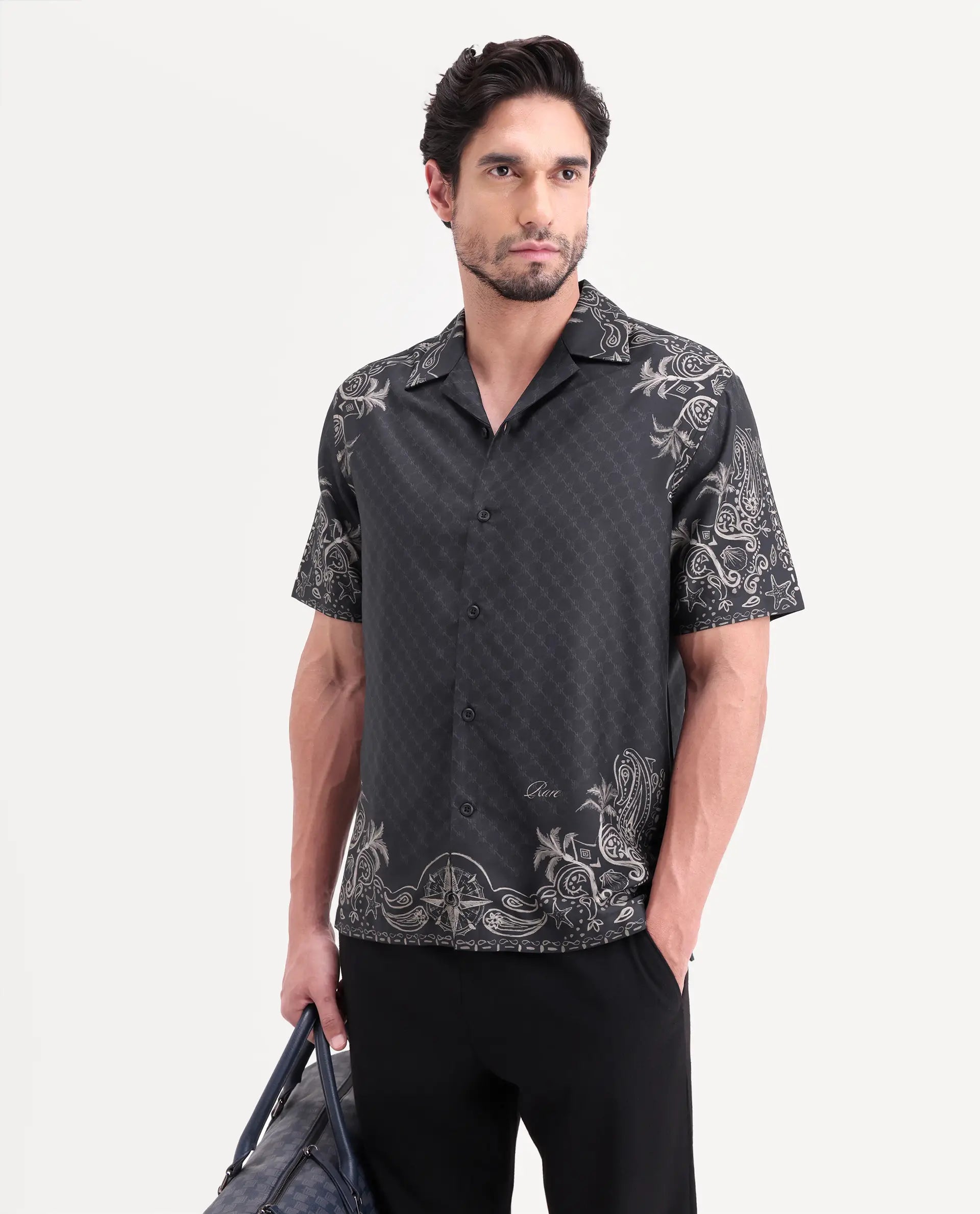 Rare Rabbit Men's Boso Black Cotton Blend Fabric Half Sleeve Cuban Collar Regular Fit Monogram Print Shirt | Rare Rabbit at Broadway