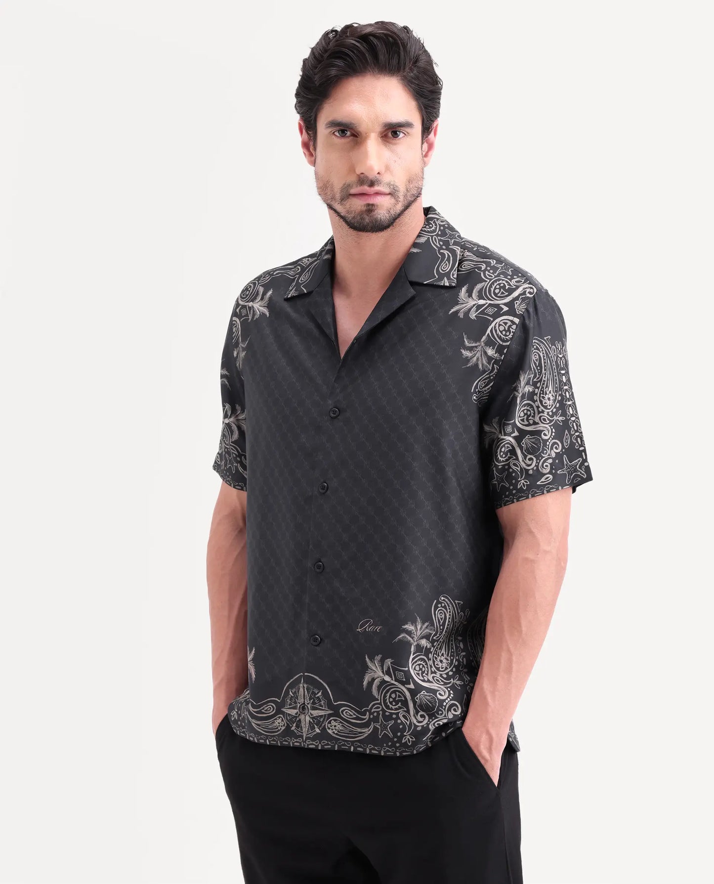 Rare Rabbit Men's Boso Black Cotton Blend Fabric Half Sleeve Cuban Collar Regular Fit Monogram Print Shirt | Rare Rabbit at Broadway