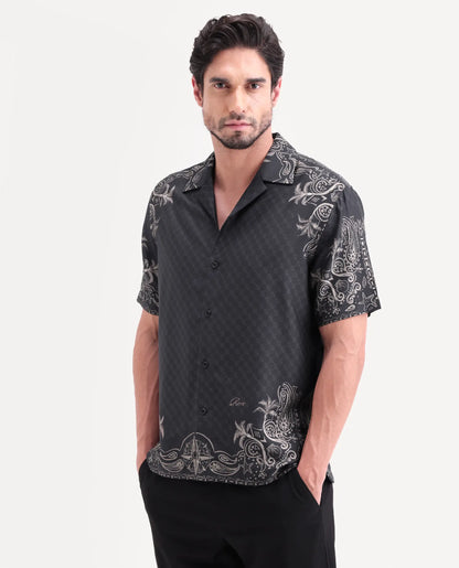 Rare Rabbit Men's Boso Black Cotton Blend Fabric Half Sleeve Cuban Collar Regular Fit Monogram Print Shirt | Rare Rabbit at Broadway