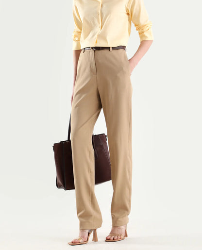Rareism Women's Paper Khaki Polyester Blend Tapered Plain Trouser