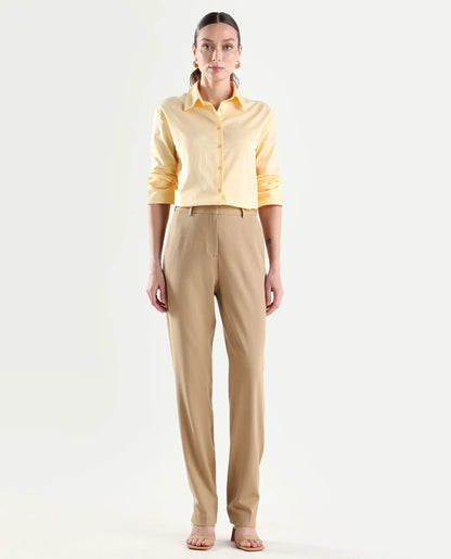 Rareism Women's Paper Khaki Polyester Blend Tapered Plain Trouser