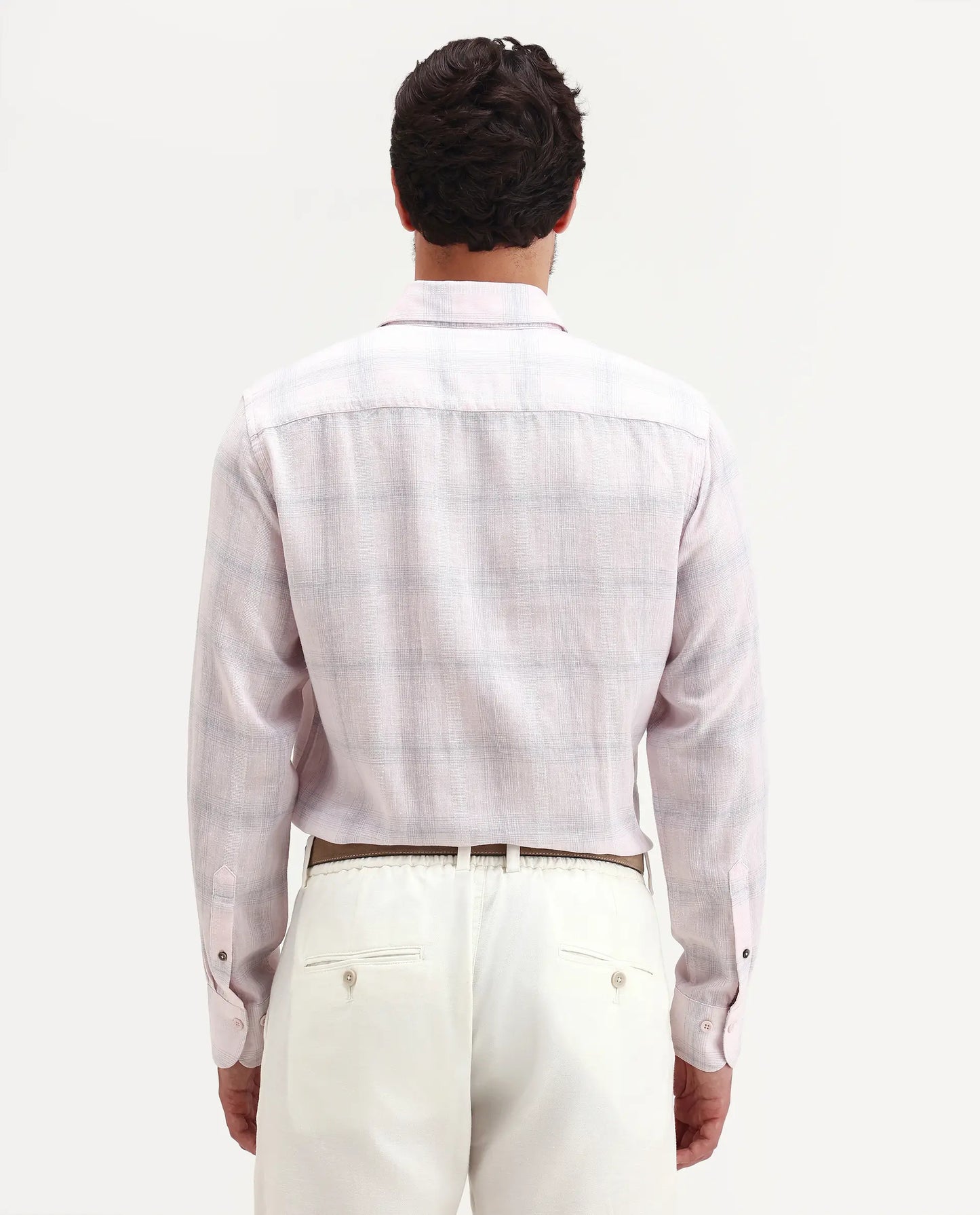 Rare Rabbit Men's Eamon-S26 Light Pink Linen Blend Full Sleeve Spread Collar Regular Fit Checked Shirt | Rare Rabbit at Broadway