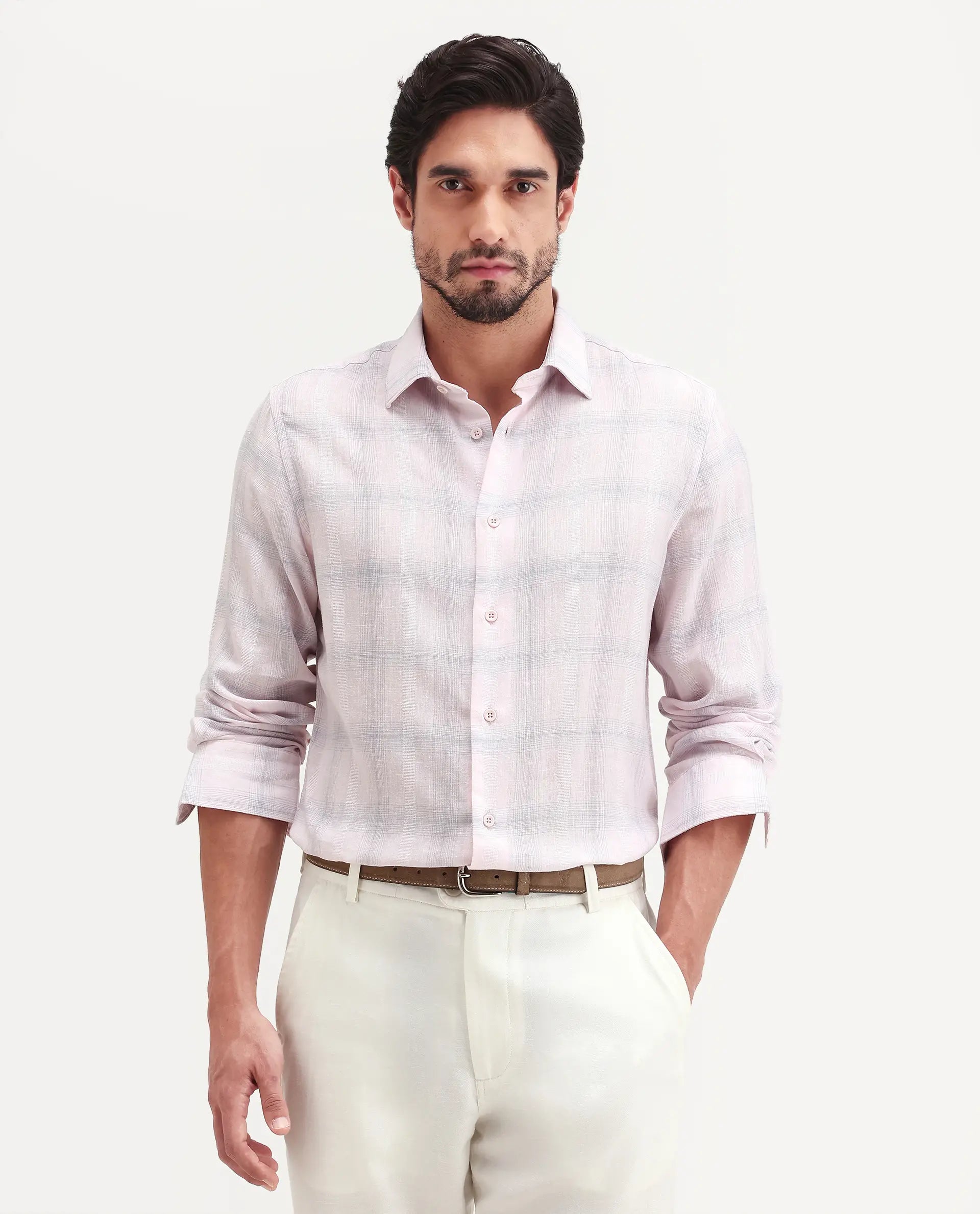 Rare Rabbit Men's Eamon-S26 Light Pink Linen Blend Full Sleeve Spread Collar Regular Fit Checked Shirt | Rare Rabbit at Broadway