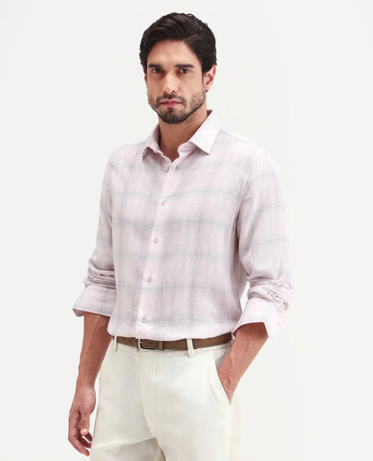 Rare Rabbit Men's Eamon-S26 Light Pink Linen Blend Full Sleeve Spread Collar Regular Fit Checked Shirt | Rare Rabbit at Broadway