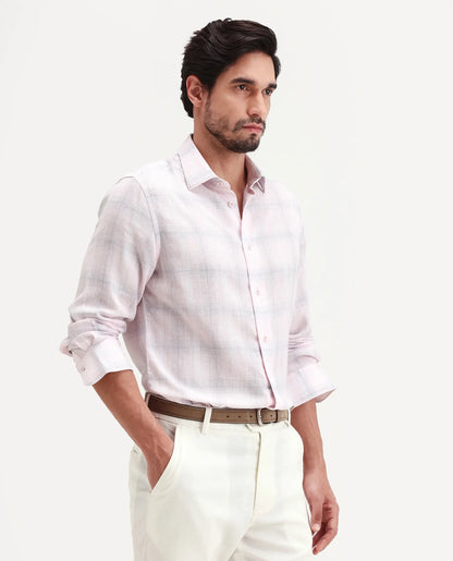 Rare Rabbit Men's Eamon-S26 Light Pink Linen Blend Full Sleeve Spread Collar Regular Fit Checked Shirt | Rare Rabbit at Broadway