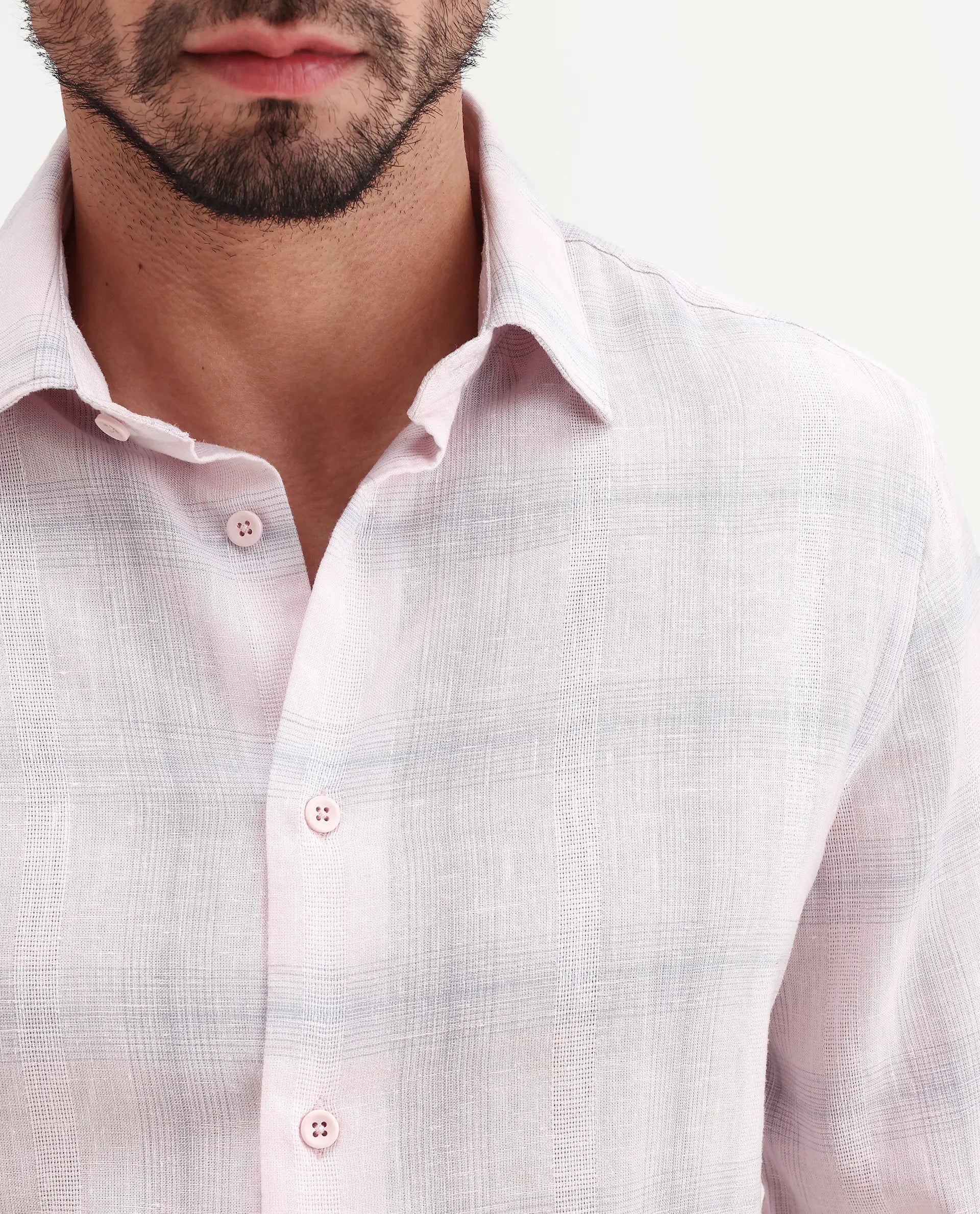 Rare Rabbit Men's Eamon-S26 Light Pink Linen Blend Full Sleeve Spread Collar Regular Fit Checked Shirt | Rare Rabbit at Broadway