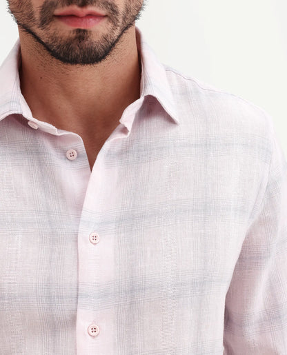 Rare Rabbit Men's Eamon-S26 Light Pink Linen Blend Full Sleeve Spread Collar Regular Fit Checked Shirt | Rare Rabbit at Broadway