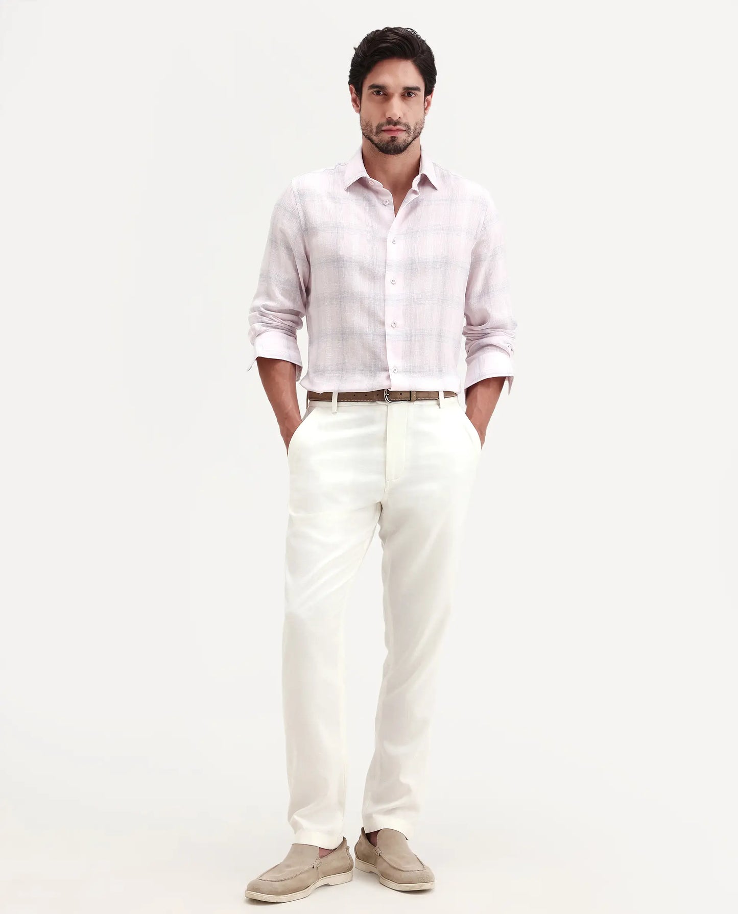 Rare Rabbit Men's Eamon-S26 Light Pink Linen Blend Full Sleeve Spread Collar Regular Fit Checked Shirt | Rare Rabbit at Broadway