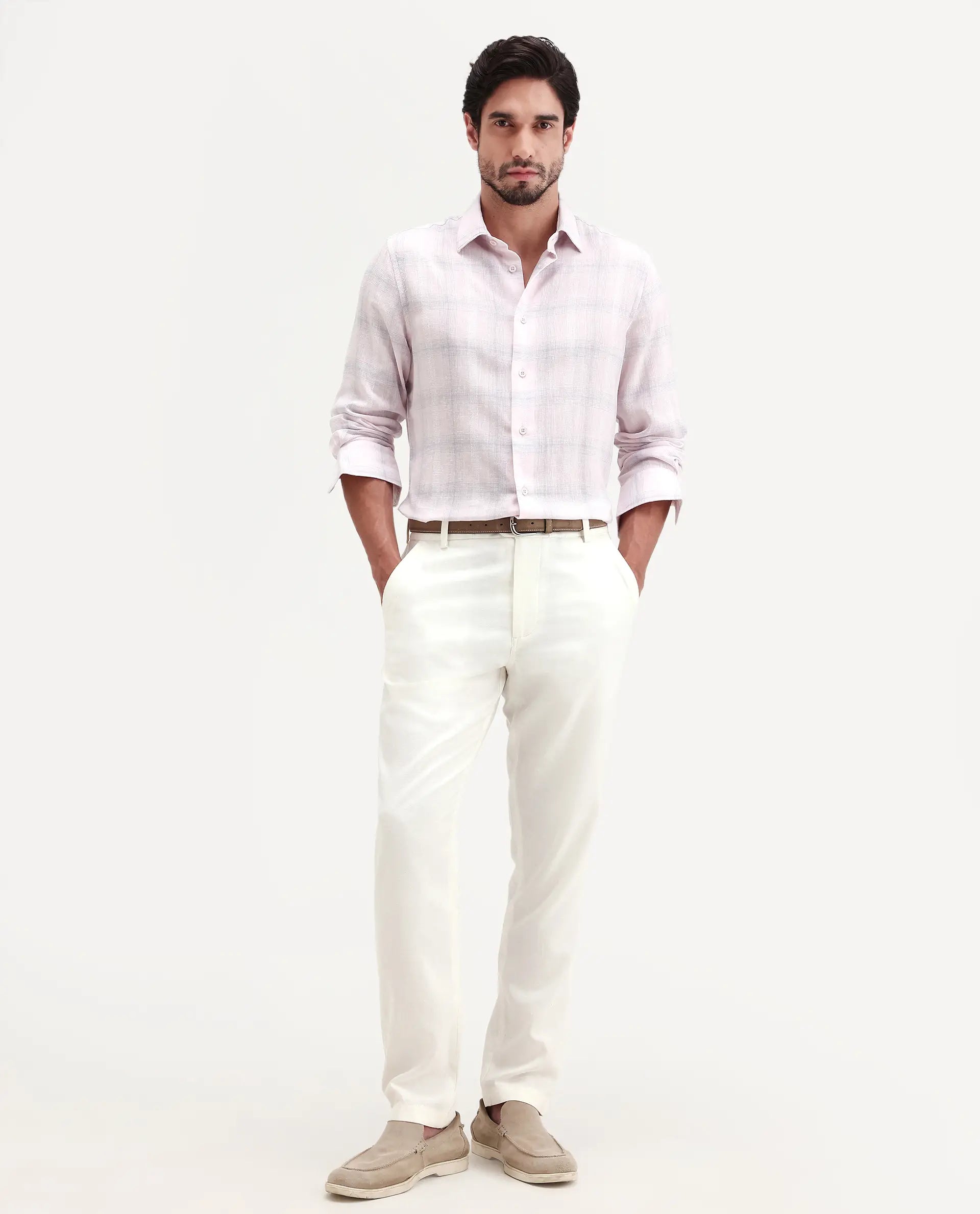 Rare Rabbit Men's Eamon-S26 Light Pink Linen Blend Full Sleeve Spread Collar Regular Fit Checked Shirt | Rare Rabbit at Broadway