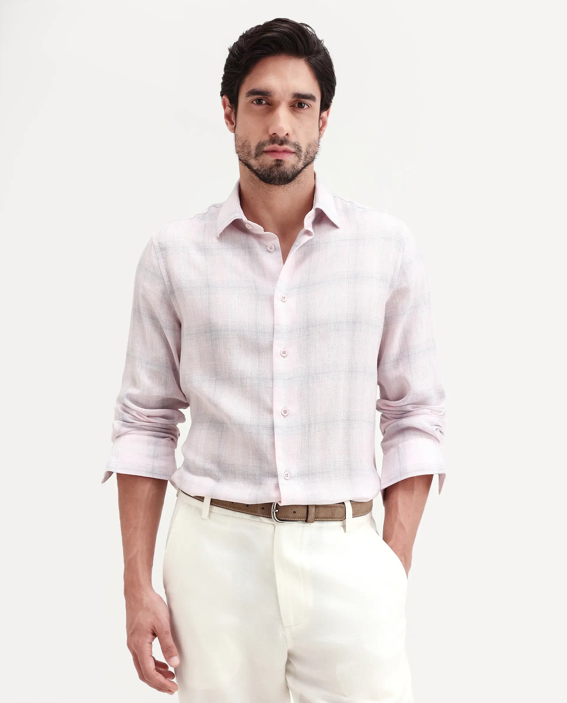 Rare Rabbit Men's Eamon-S26 Light Pink Linen Blend Full Sleeve Spread Collar Regular Fit Checked Shirt | Rare Rabbit at Broadway