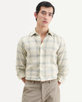 Rare Rabbit Men's Eamon-S26 Light Yellow Linen Blend Full Sleeve Spread Collar Regular Fit Checked Shirt | Rare Rabbit at Broadway