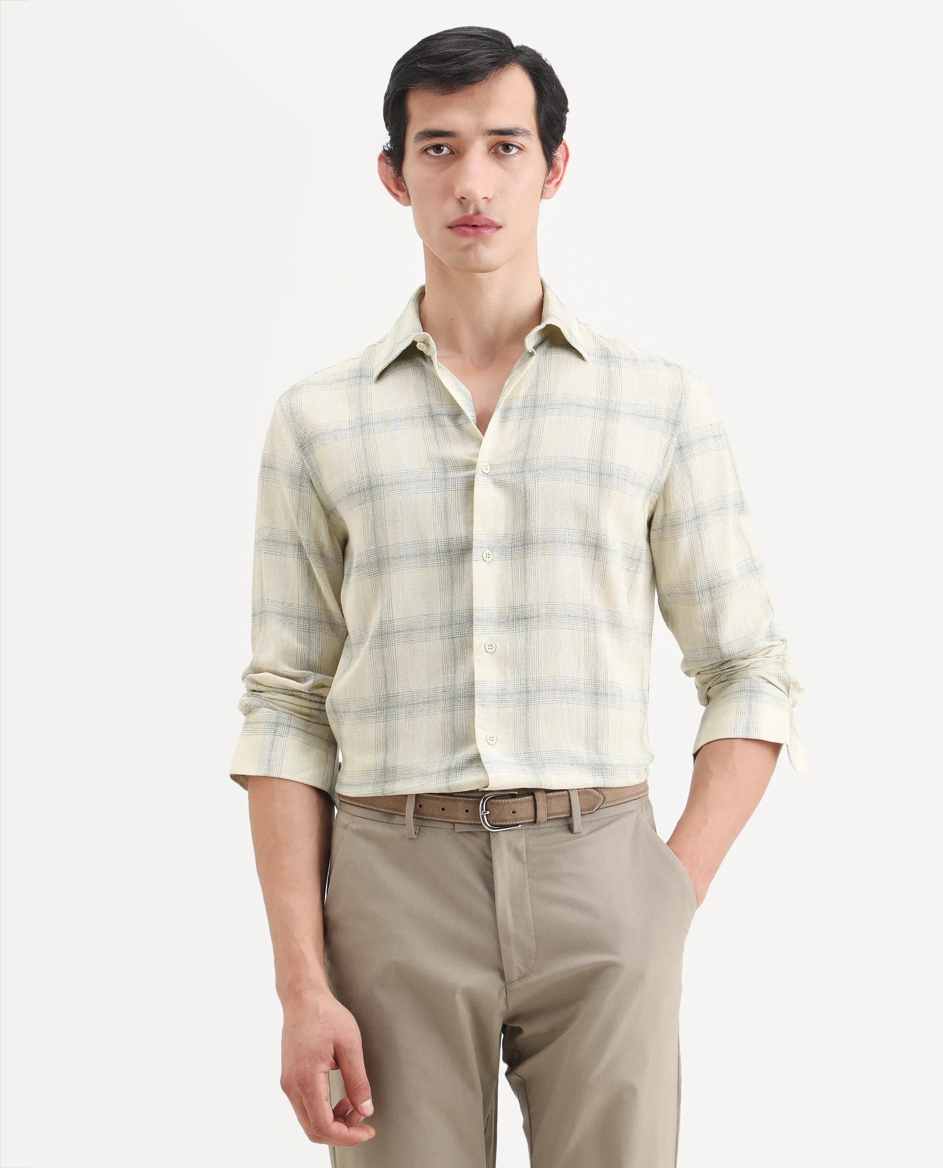 Rare Rabbit Men's Eamon-S26 Light Yellow Linen Blend Full Sleeve Spread Collar Regular Fit Checked Shirt | Rare Rabbit at Broadway