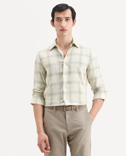 Rare Rabbit Men's Eamon-S26 Light Yellow Linen Blend Full Sleeve Spread Collar Regular Fit Checked Shirt | Rare Rabbit at Broadway