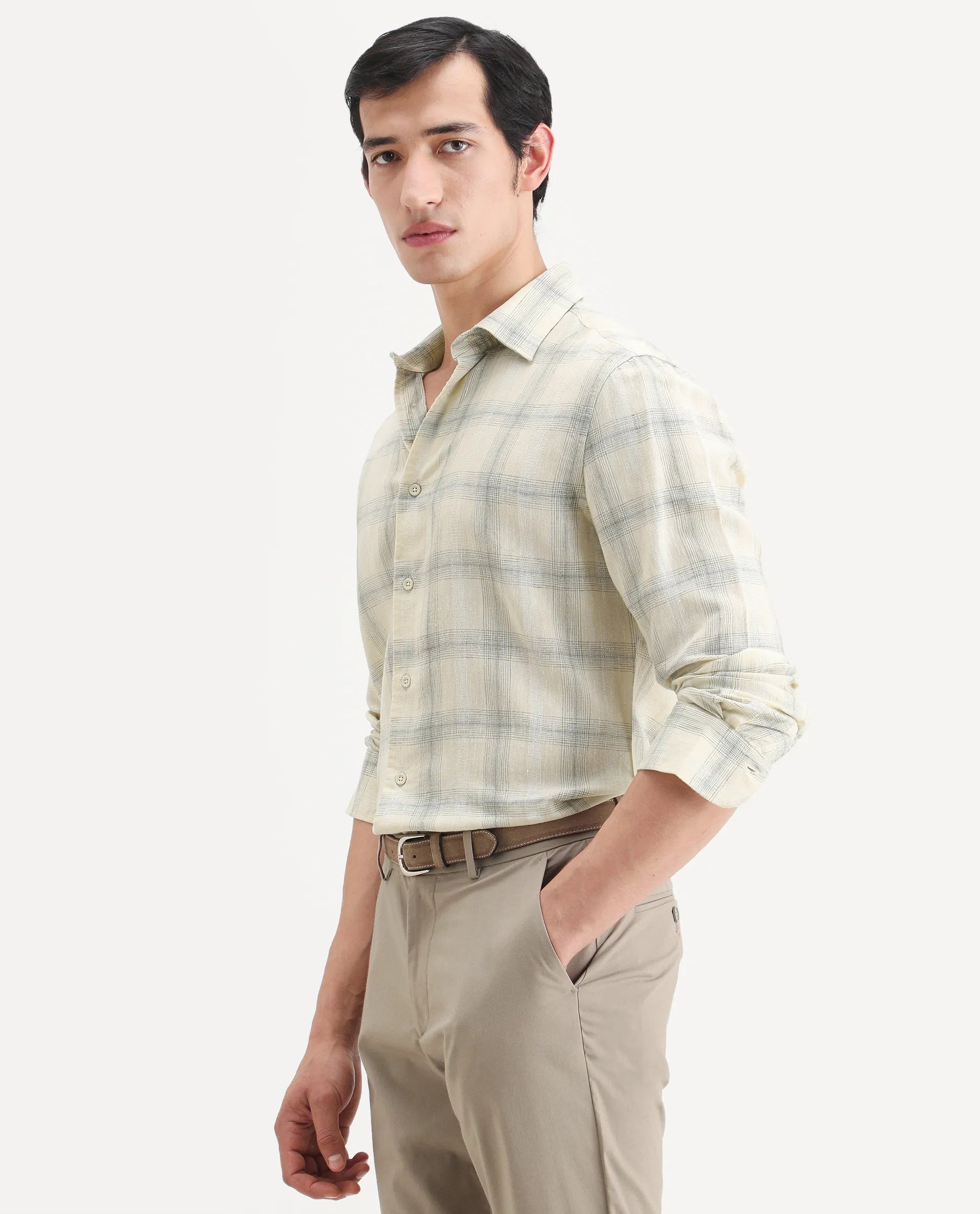 Rare Rabbit Men's Eamon-S26 Light Yellow Linen Blend Full Sleeve Spread Collar Regular Fit Checked Shirt | Rare Rabbit at Broadway