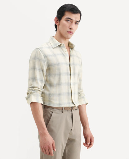 Rare Rabbit Men's Eamon-S26 Light Yellow Linen Blend Full Sleeve Spread Collar Regular Fit Checked Shirt | Rare Rabbit at Broadway