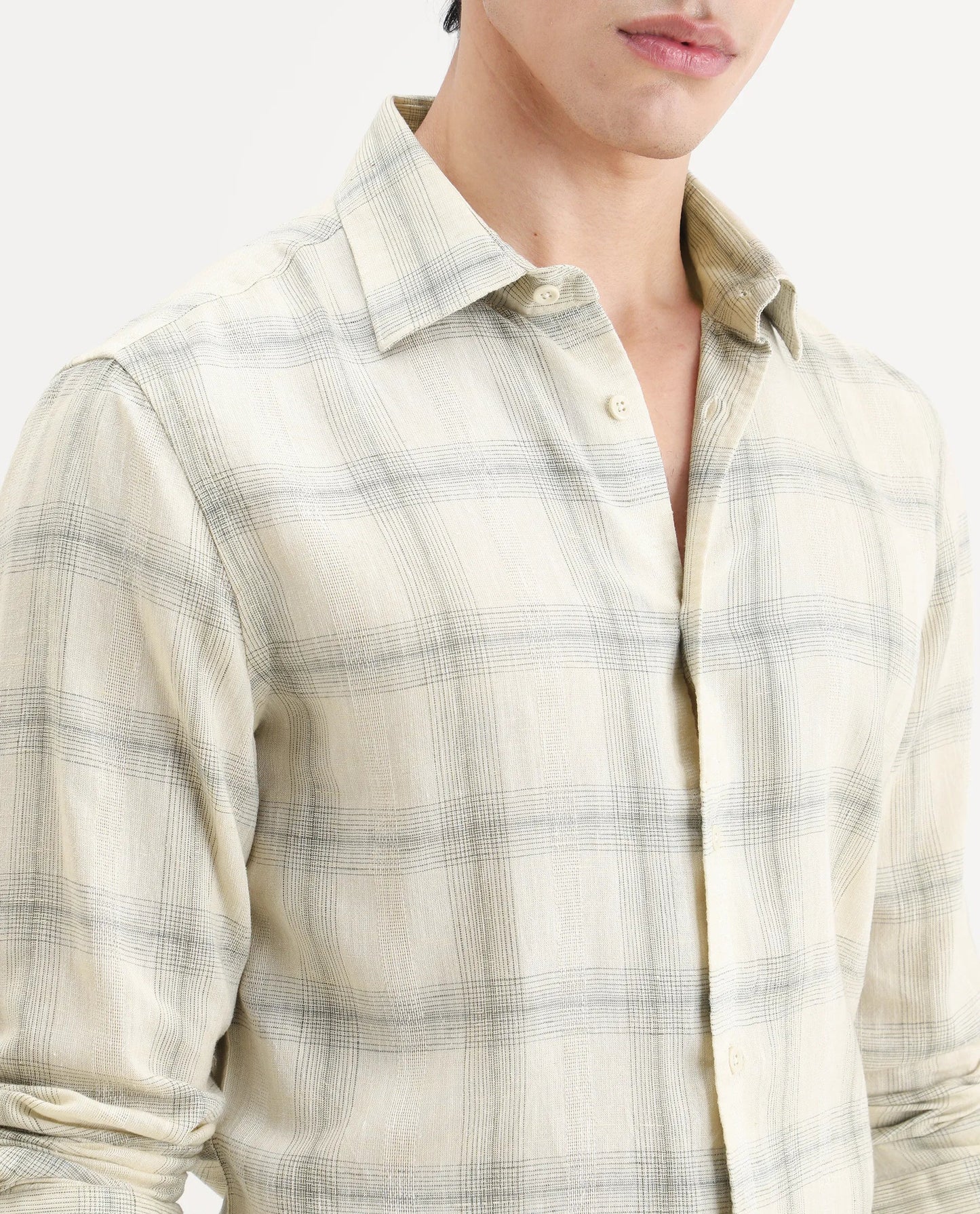 Rare Rabbit Men's Eamon-S26 Light Yellow Linen Blend Full Sleeve Spread Collar Regular Fit Checked Shirt | Rare Rabbit at Broadway