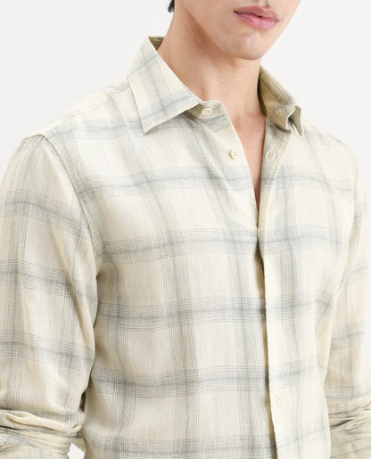 Rare Rabbit Men's Eamon-S26 Light Yellow Linen Blend Full Sleeve Spread Collar Regular Fit Checked Shirt | Rare Rabbit at Broadway