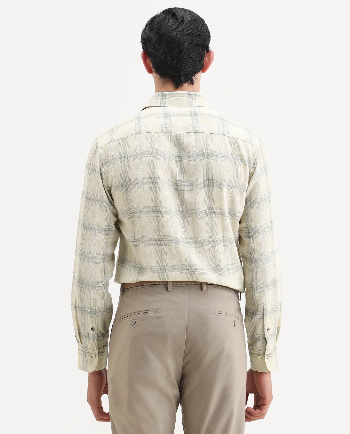 Rare Rabbit Men's Eamon-S26 Light Yellow Linen Blend Full Sleeve Spread Collar Regular Fit Checked Shirt | Rare Rabbit at Broadway