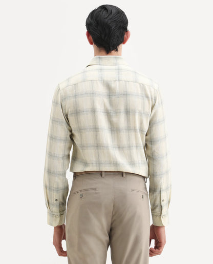 Rare Rabbit Men's Eamon-S26 Light Yellow Linen Blend Full Sleeve Spread Collar Regular Fit Checked Shirt | Rare Rabbit at Broadway