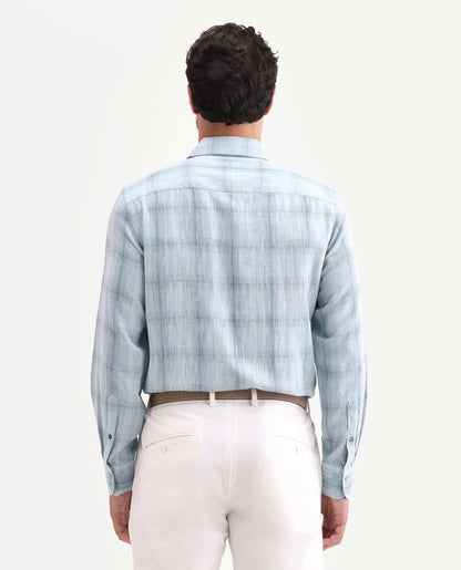 Rare Rabbit Men's Eamon-S26 Light Blue Linen Blend Full Sleeve Spread Collar Regular Fit Checked Shirt | Rare Rabbit at Broadway
