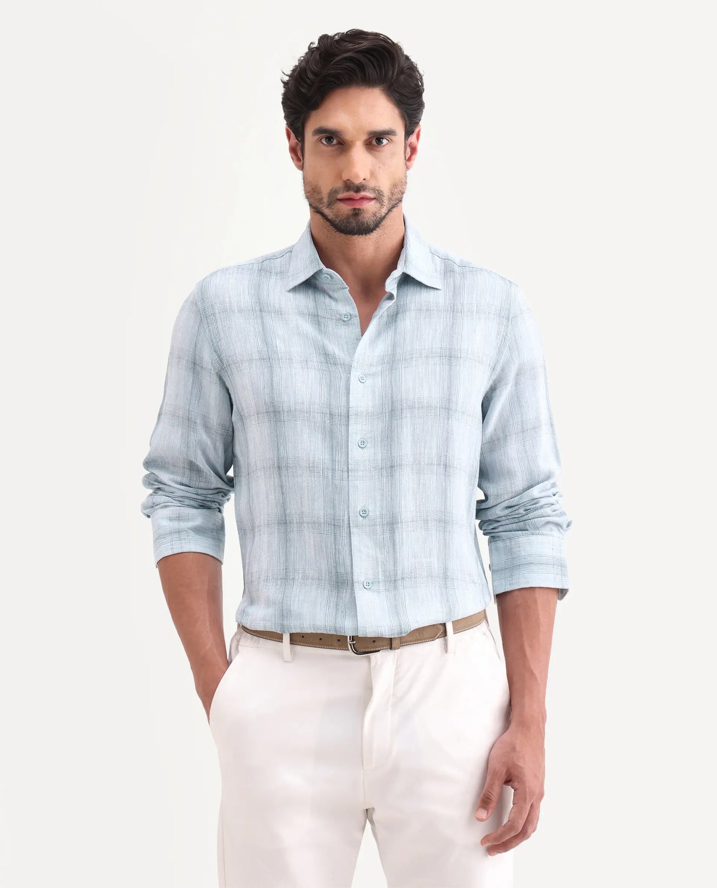 Rare Rabbit Men's Eamon-S26 Light Blue Linen Blend Full Sleeve Spread Collar Regular Fit Checked Shirt | Rare Rabbit at Broadway