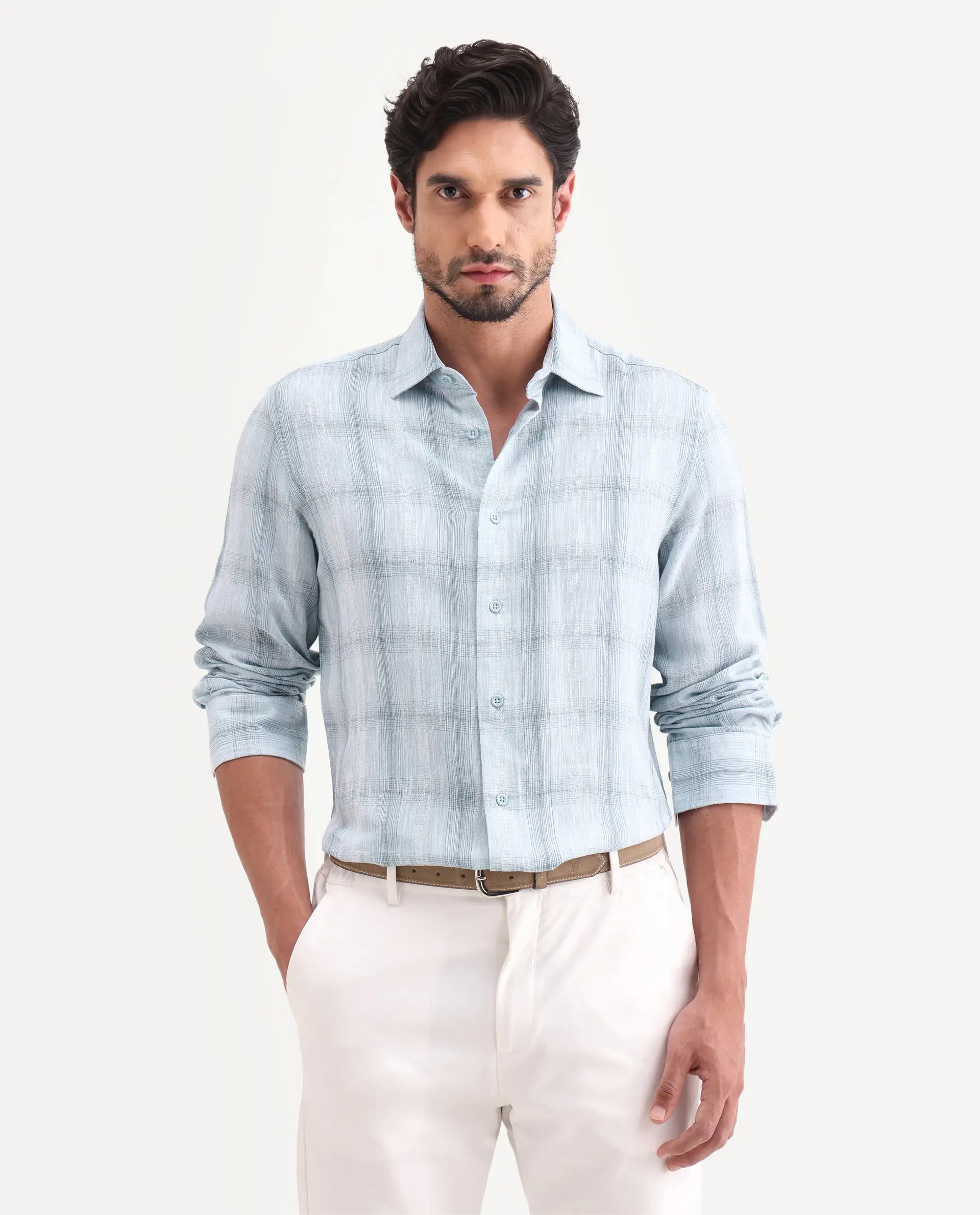 Rare Rabbit Men's Eamon-S26 Light Blue Linen Blend Full Sleeve Spread Collar Regular Fit Checked Shirt | Rare Rabbit at Broadway