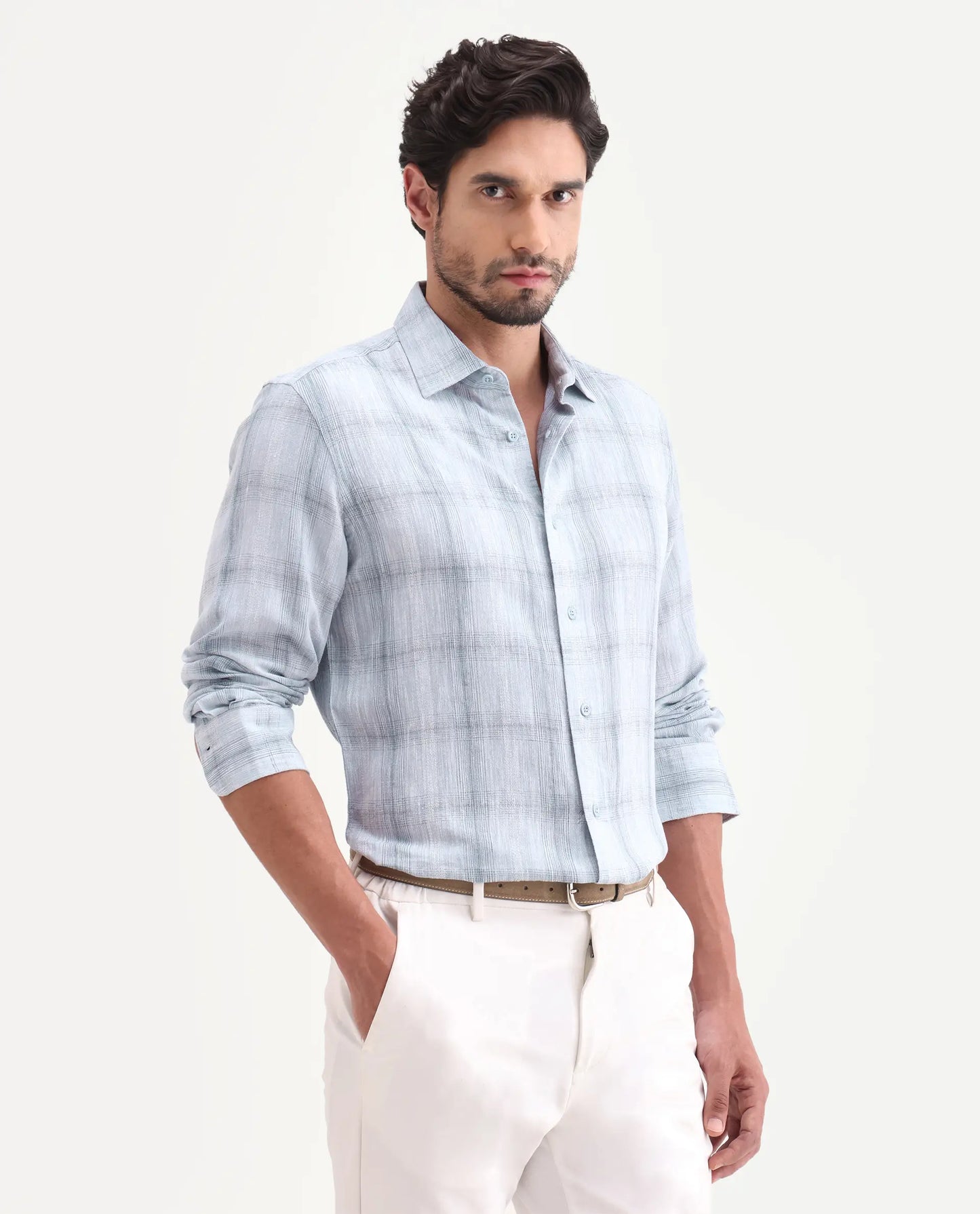 Rare Rabbit Men's Eamon-S26 Light Blue Linen Blend Full Sleeve Spread Collar Regular Fit Checked Shirt | Rare Rabbit at Broadway