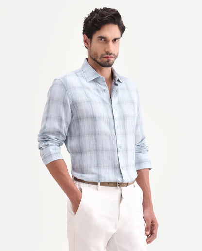 Rare Rabbit Men's Eamon-S26 Light Blue Linen Blend Full Sleeve Spread Collar Regular Fit Checked Shirt | Rare Rabbit at Broadway