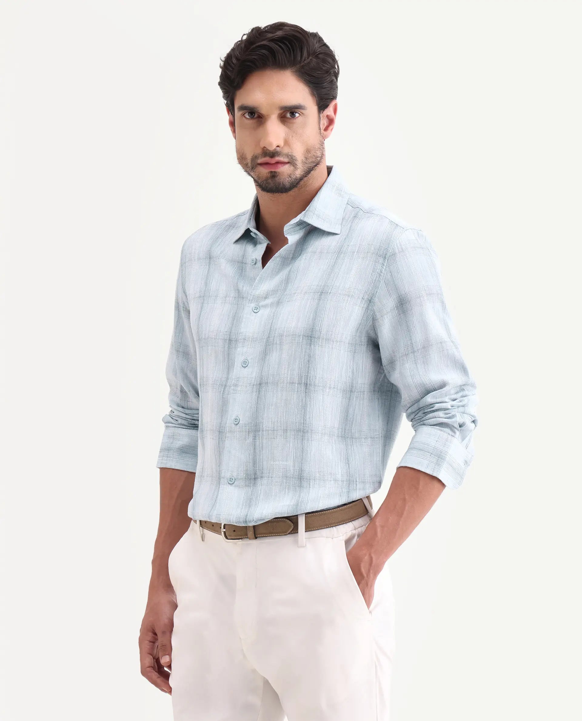 Rare Rabbit Men's Eamon-S26 Light Blue Linen Blend Full Sleeve Spread Collar Regular Fit Checked Shirt | Rare Rabbit at Broadway