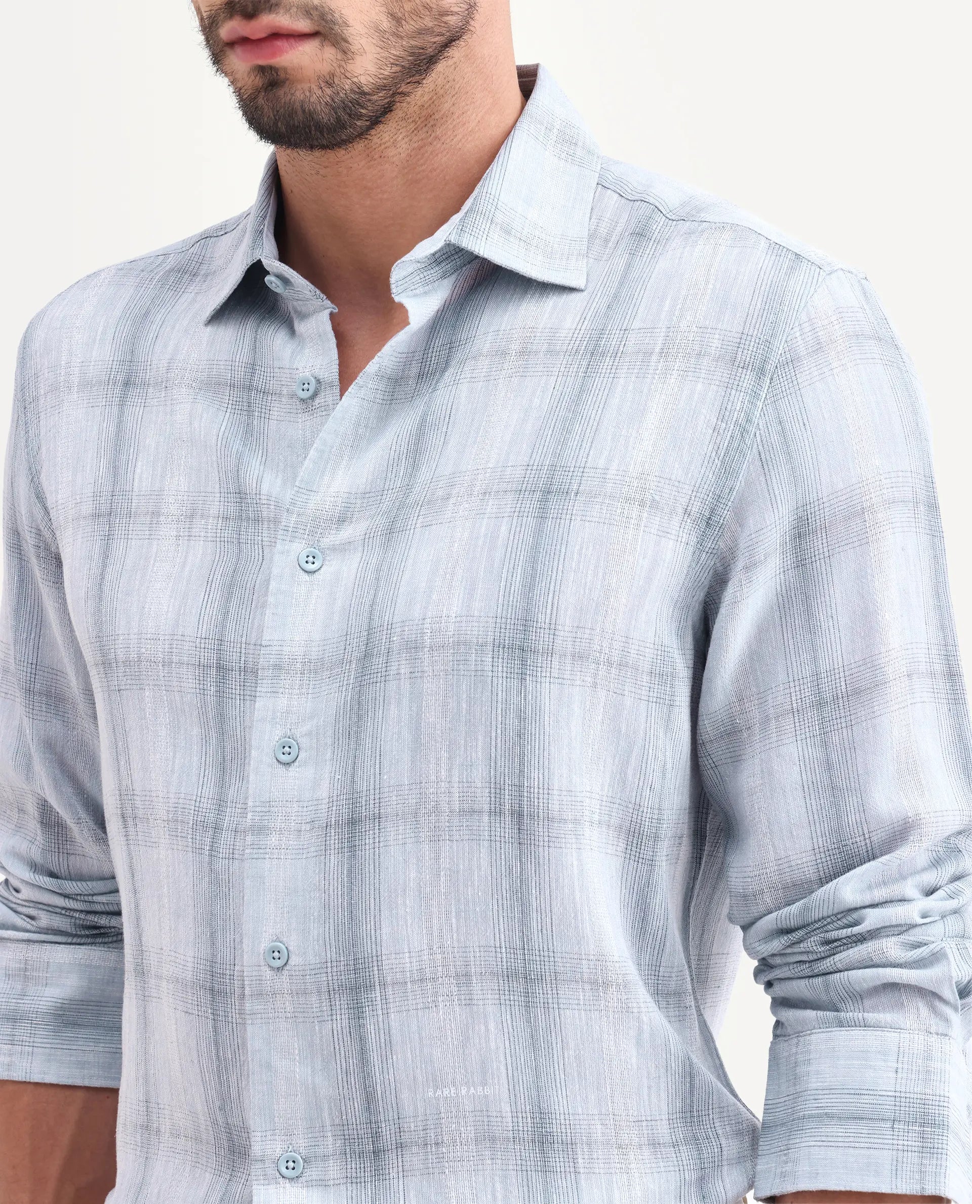 Rare Rabbit Men's Eamon-S26 Light Blue Linen Blend Full Sleeve Spread Collar Regular Fit Checked Shirt | Rare Rabbit at Broadway
