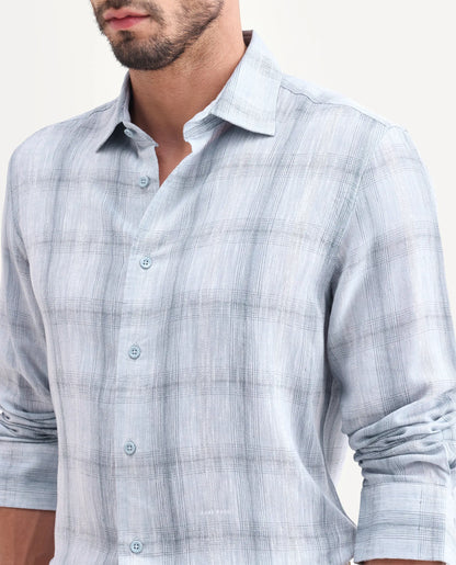 Rare Rabbit Men's Eamon-S26 Light Blue Linen Blend Full Sleeve Spread Collar Regular Fit Checked Shirt | Rare Rabbit at Broadway