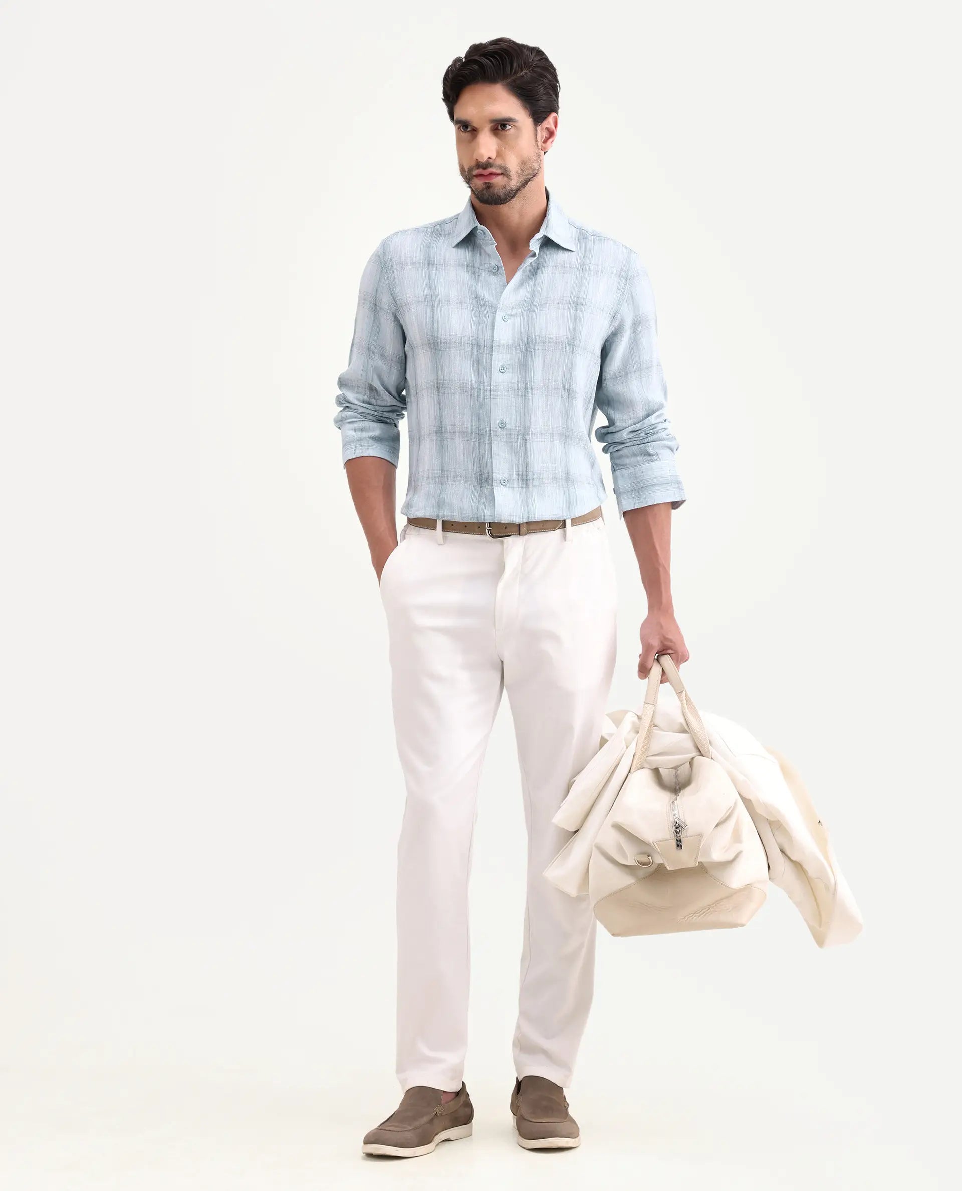 Rare Rabbit Men's Eamon-S26 Light Blue Linen Blend Full Sleeve Spread Collar Regular Fit Checked Shirt | Rare Rabbit at Broadway