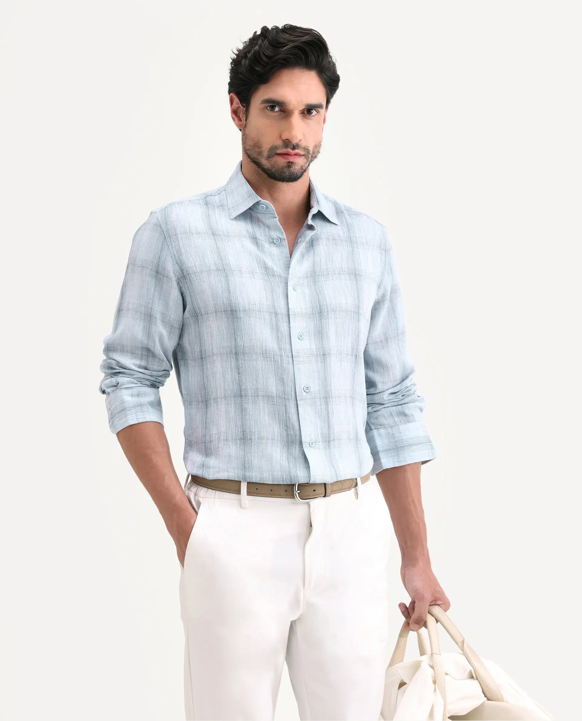 Rare Rabbit Men's Eamon-S26 Light Blue Linen Blend Full Sleeve Spread Collar Regular Fit Checked Shirt | Rare Rabbit at Broadway