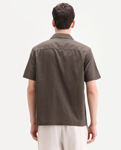 Rare Rabbit Men's Drof Dusky Olive Cotton Blend Fabric Half Sleeve Cuban Collar Regular Fit Embroidered Shirt