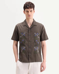Rare Rabbit Men's Drof Dusky Olive Cotton Blend Fabric Half Sleeve Cuban Collar Regular Fit Embroidered Shirt | Rare Rabbit at Broadway