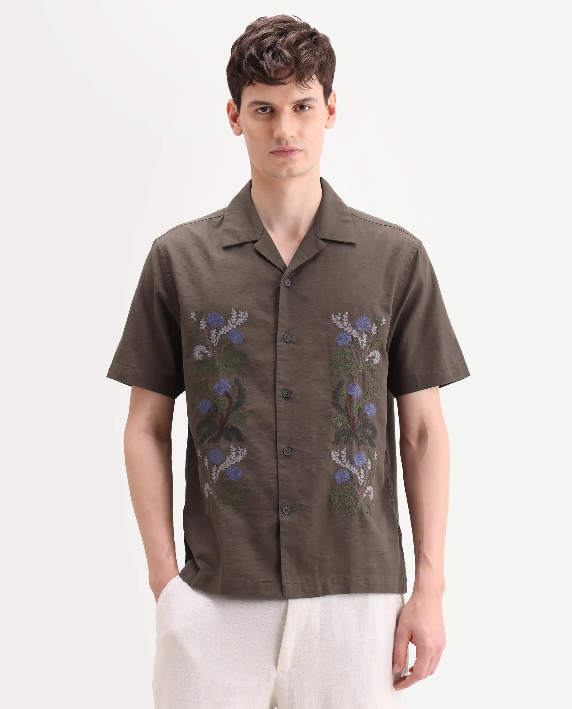 Rare Rabbit Men's Drof Dusky Olive Cotton Blend Fabric Half Sleeve Cuban Collar Regular Fit Embroidered Shirt | Rare Rabbit at Broadway