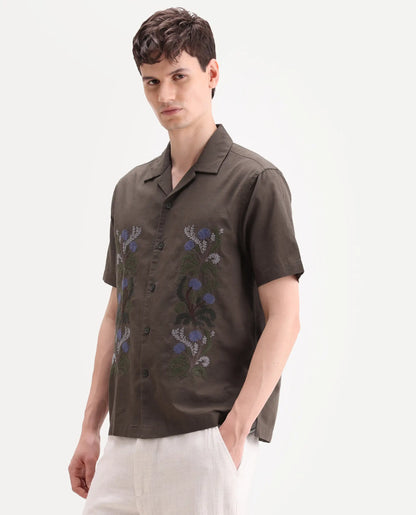 Rare Rabbit Men's Drof Dusky Olive Cotton Blend Fabric Half Sleeve Cuban Collar Regular Fit Embroidered Shirt