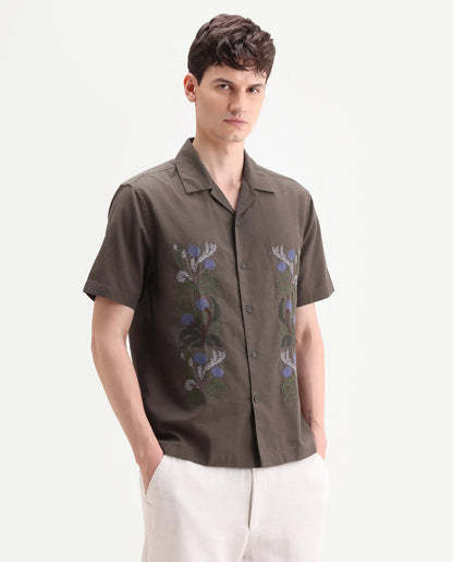 Rare Rabbit Men's Drof Dusky Olive Cotton Blend Fabric Half Sleeve Cuban Collar Regular Fit Embroidered Shirt