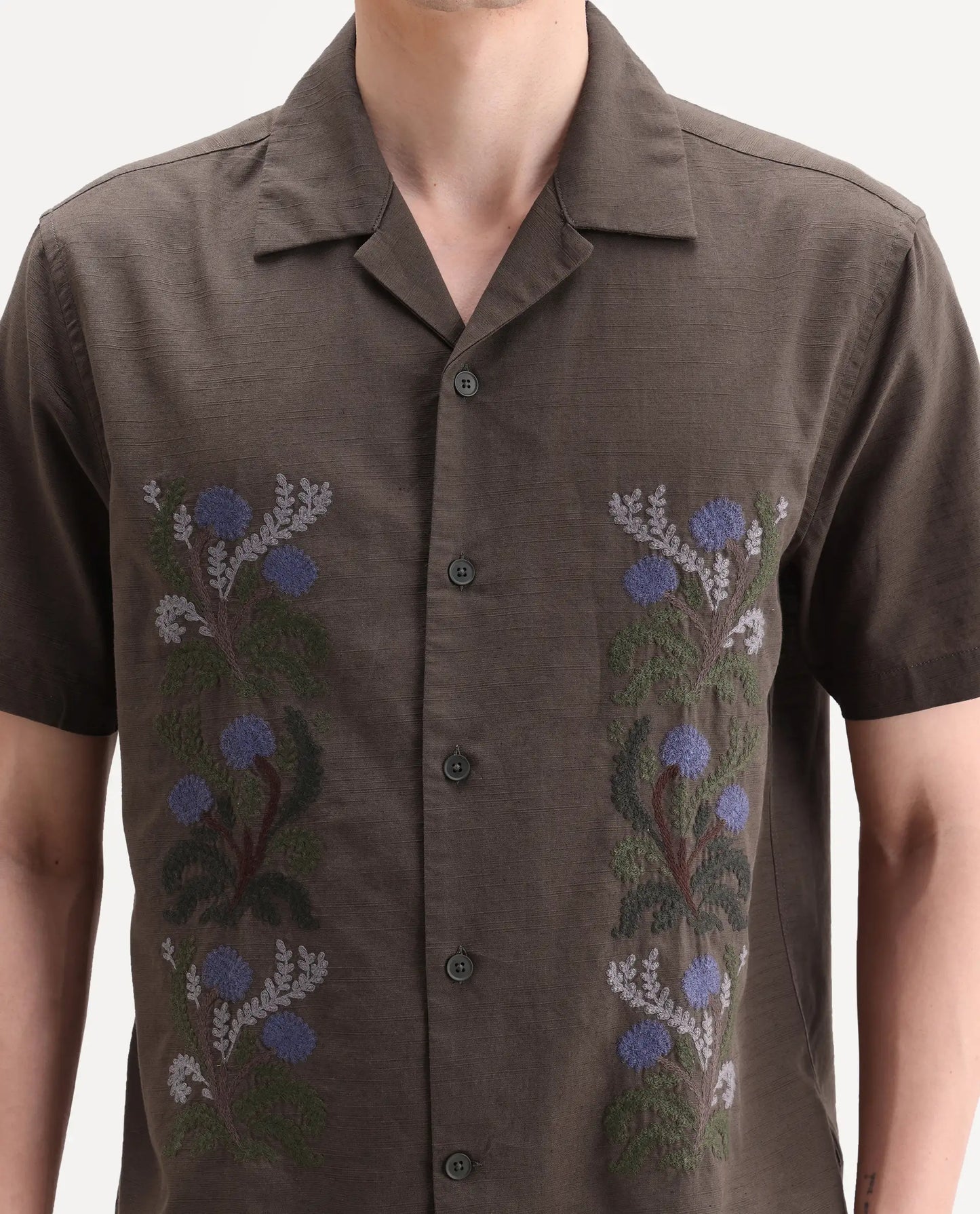 Rare Rabbit Men's Drof Dusky Olive Cotton Blend Fabric Half Sleeve Cuban Collar Regular Fit Embroidered Shirt