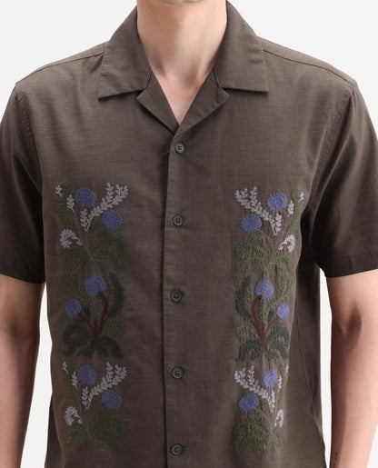 Rare Rabbit Men's Drof Dusky Olive Cotton Blend Fabric Half Sleeve Cuban Collar Regular Fit Embroidered Shirt