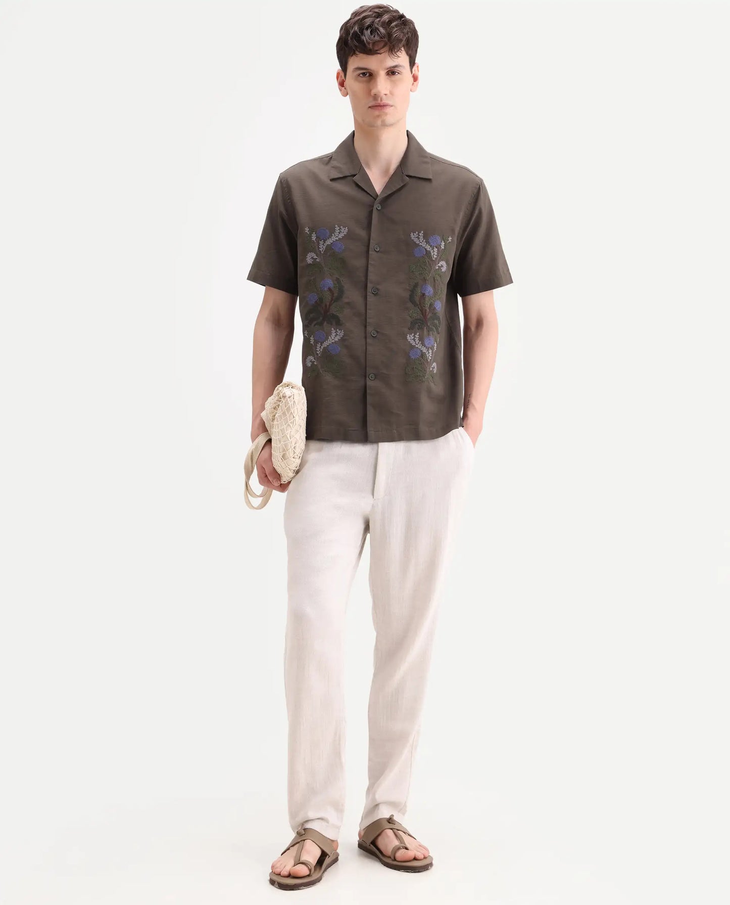 Rare Rabbit Men's Drof Dusky Olive Cotton Blend Fabric Half Sleeve Cuban Collar Regular Fit Embroidered Shirt