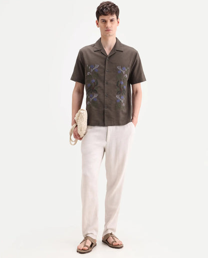 Rare Rabbit Men's Drof Dusky Olive Cotton Blend Fabric Half Sleeve Cuban Collar Regular Fit Embroidered Shirt