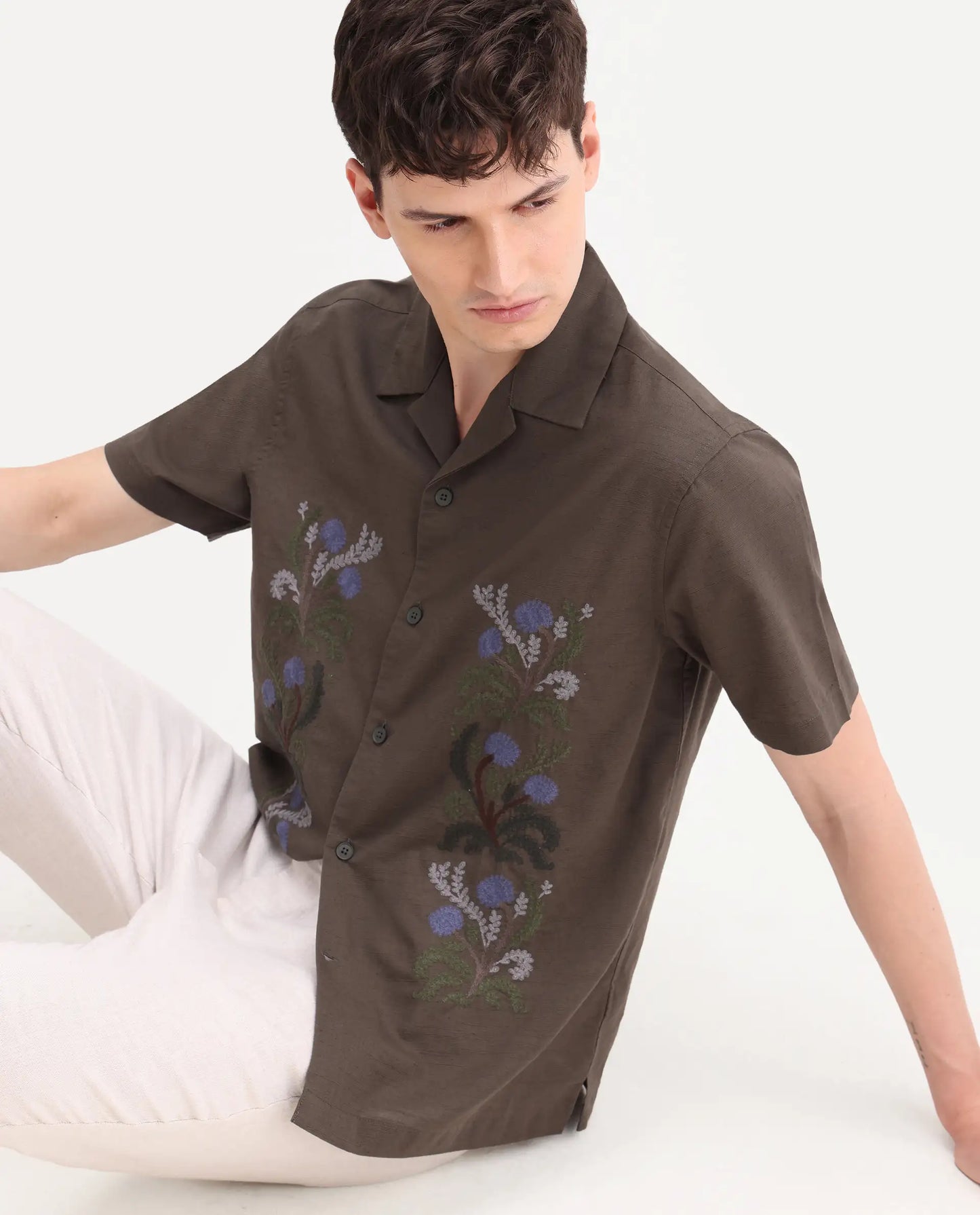 Rare Rabbit Men's Drof Dusky Olive Cotton Blend Fabric Half Sleeve Cuban Collar Regular Fit Embroidered Shirt