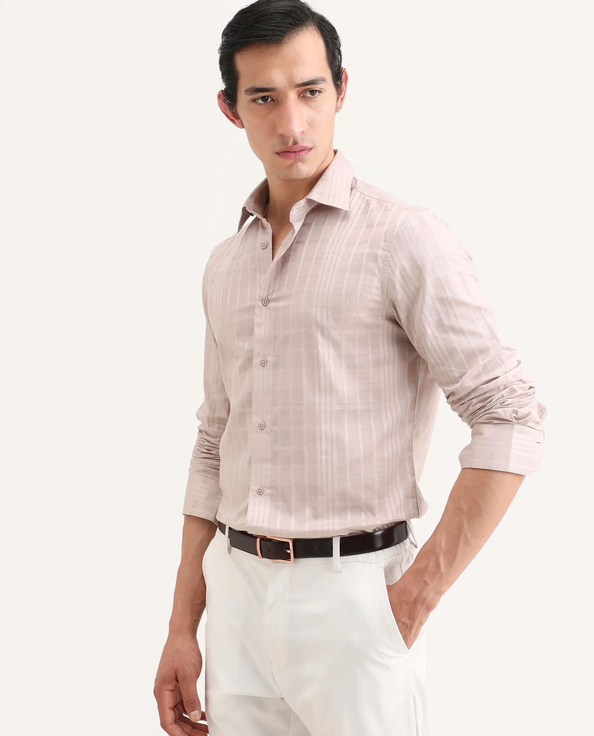 Rare Rabbit Men's Ford Dusky Pink Cotton Fabric Full Sleeve Spread Collar Regular Fit Checked Shirt | Rare Rabbit at Broadway