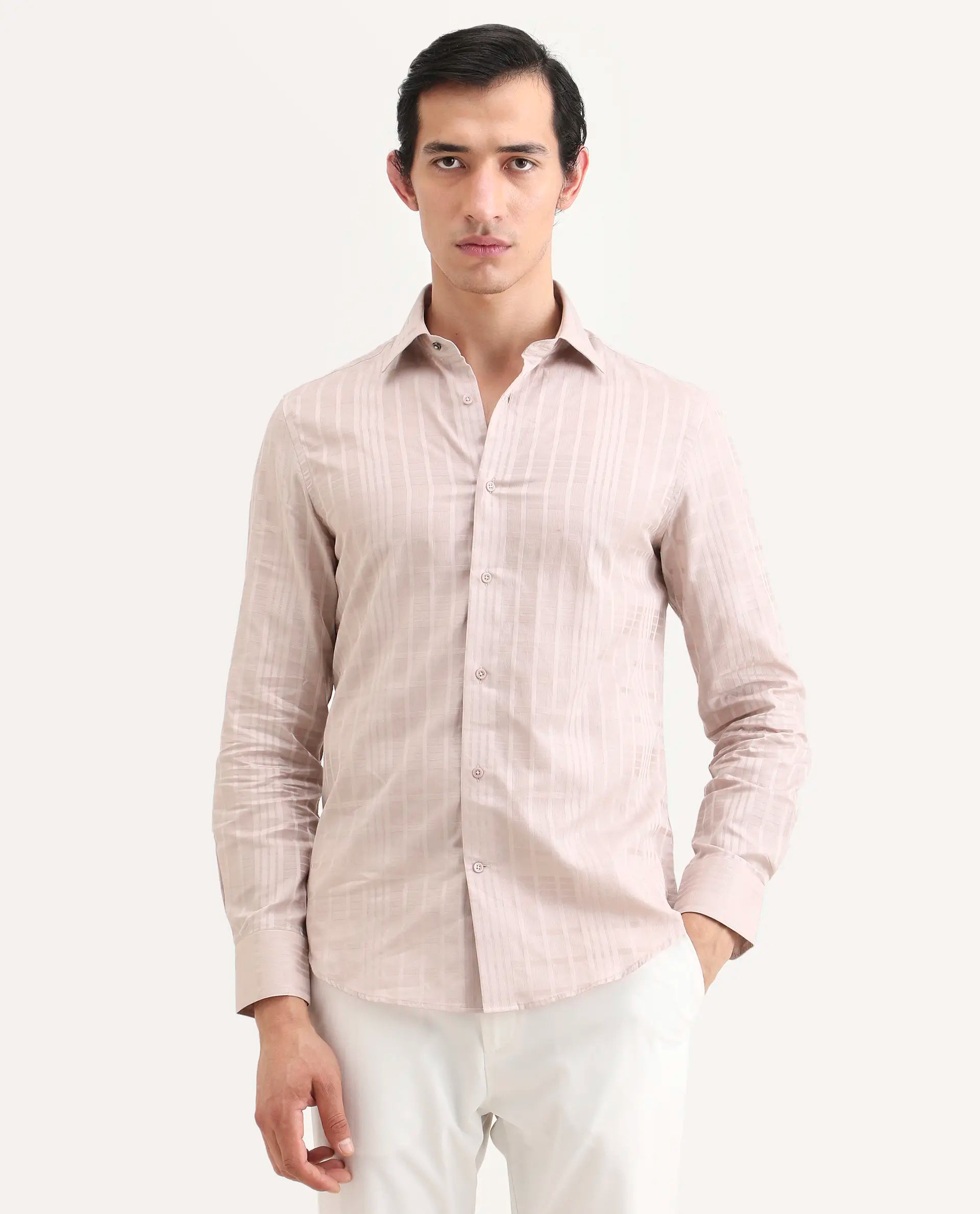Rare Rabbit Men's Ford Dusky Pink Cotton Fabric Full Sleeve Spread Collar Regular Fit Checked Shirt | Rare Rabbit at Broadway
