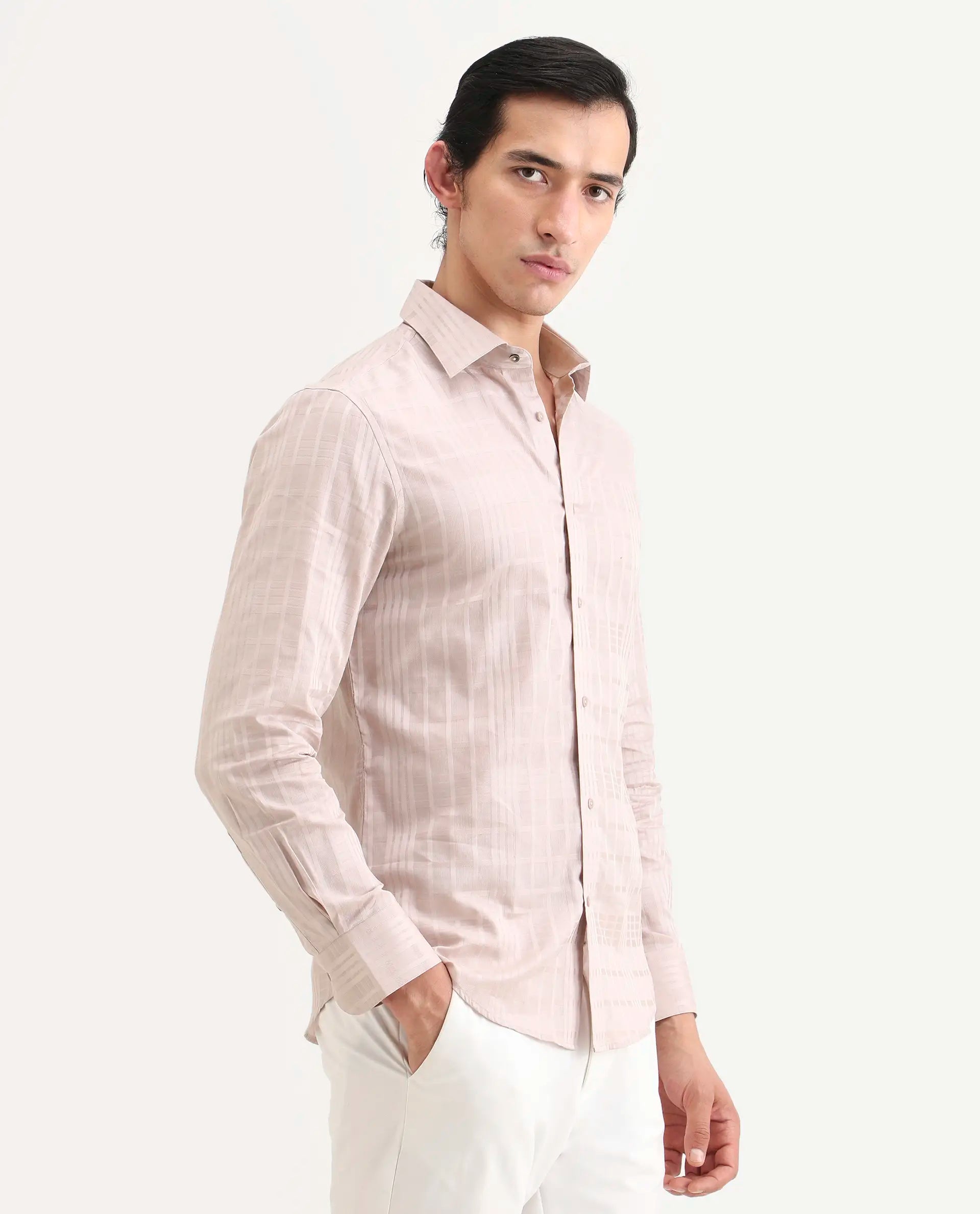 Rare Rabbit Men's Ford Dusky Pink Cotton Fabric Full Sleeve Spread Collar Regular Fit Checked Shirt | Rare Rabbit at Broadway